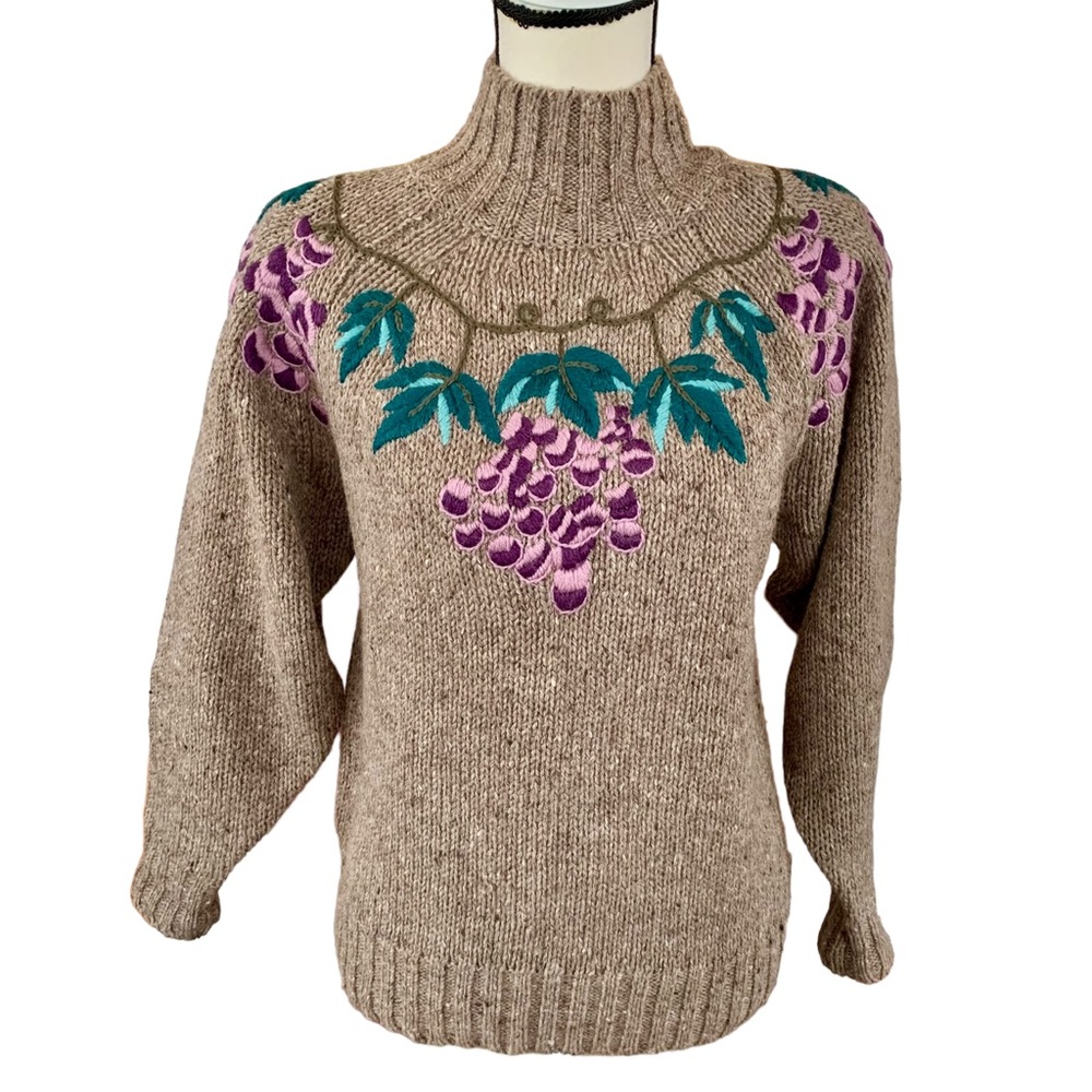 Vintage 80s P.S. Sport Embroidered Grapes Grapevine Wool Blend Mock Neck Sweater
